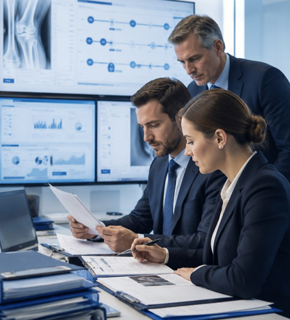 Professionals reviewing medical records and case data